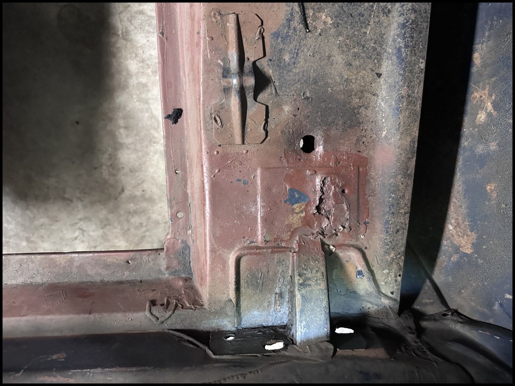 Passanger-side leaf spring rear bushing mount plate. must be cut, cleaned, and reinforced with plated welded into place.